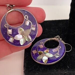 Vintage MEXICO Sterling Silver Abalone Shell Southwestern Purple Hoop Earrings